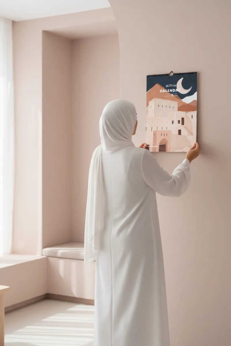 Woman hanging a Muslim wall calendar in a bright, modern home